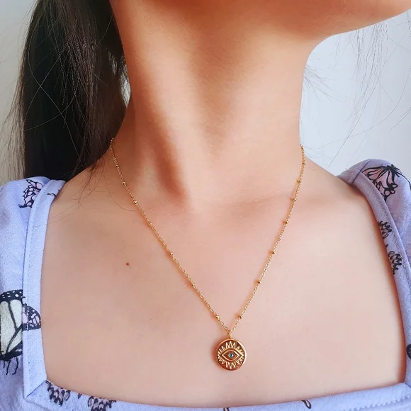 Water Resistant 18ct Gold Evil Eye Ball Beaded Necklace - Picture 3 of 4